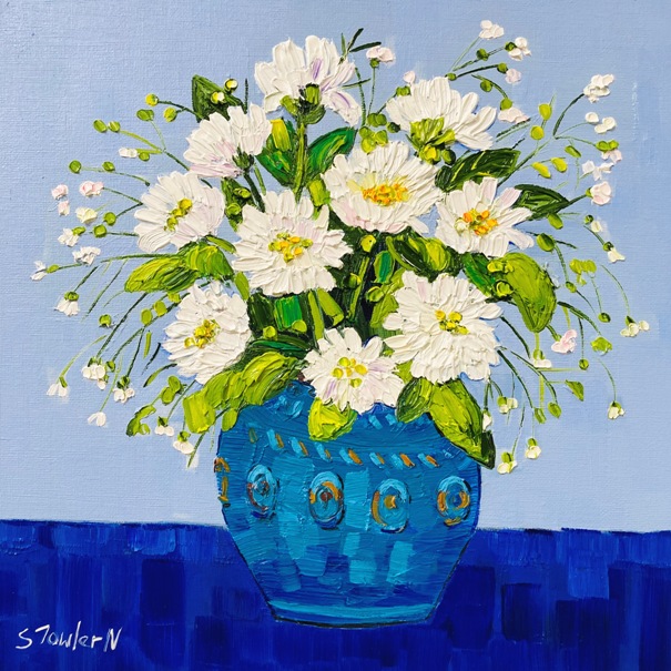 'Chrysanthemums in Blue Vase' by artist Sheila Fowler